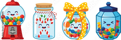 Foto Cute Candy Jar Vector Set featuring Kawaii Gumball Machine, Candy Canes, Lollipo