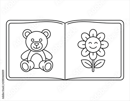 Open coloring book with teddy bear and smiling flower illustrations for kids