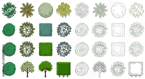 Bild auf Leinwand CAD Tree Top View Vector Set – Hand Drawn Landscape Trees Isolated on White