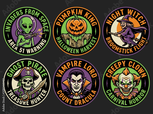 Obraz na płótnie Vintage Halloween Character Badge Set with Alien, Witch, Vampire, Pumpkin King,