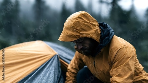 Man wearing an orange waterproof jacket and hood, crouching to adjust a camping tent's flysheet in a wet, rainy forest environment, embodying resilience in challenging outdoor conditions