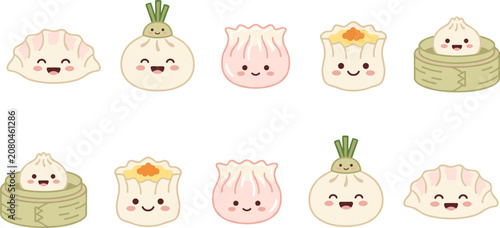 Quadro su tela Cute Dim Sum Vector Set featuring Kawaii Chinese Dumpling, Shumai, Gyoza, and Ba