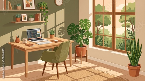 Modern home office workspace vector illustration with laptop on desk monsters plant and large window with view of trees