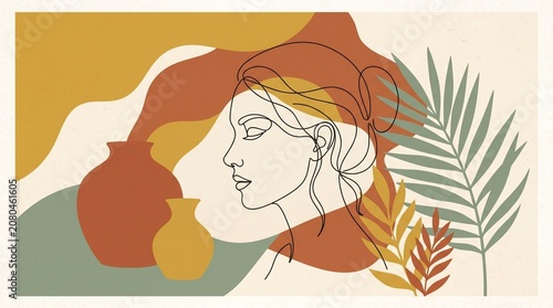 Minimalist continuous line art of a woman face profile with abstract shapes pottery vases and tropical palm leaves poster design