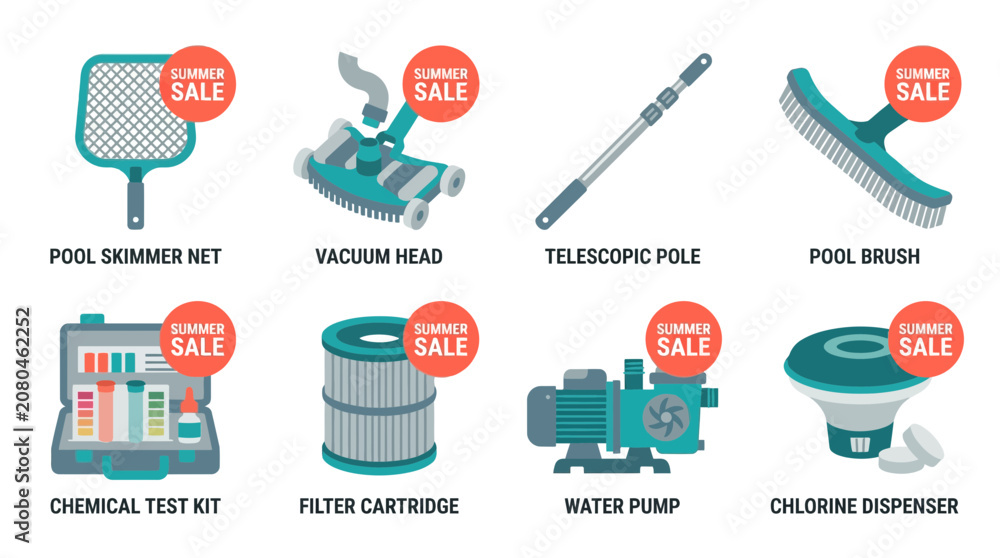 Naklejka premium Summer sale vector illustration of pool equipment on a sunny day