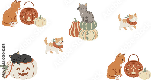 Fotografie Cute Halloween Kitten Vector Character Set Featuring Playful Cats Sleeping insid
