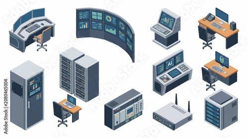 Isometric office technology and server room equipment set.