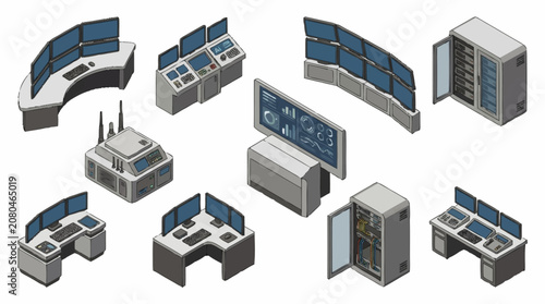 Isometric view of modern server racks and data center equipment.