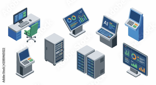 Isometric office technology devices and servers illustration.