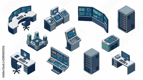 Isometric office technology and server room equipment set.