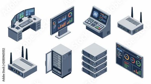 Isometric Technology Devices and Network Equipment Set.