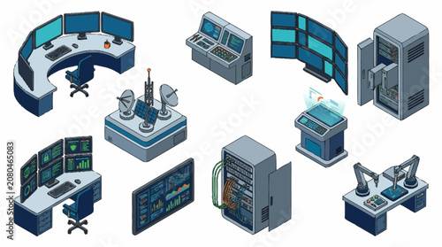 Isometric illustration of modern computer workstations and servers.