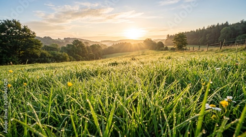 Sunset over green grassy field with trees and hills