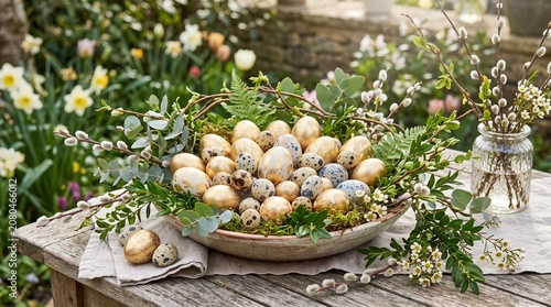 Easter eggs in a bowl on a wooden table in a garden