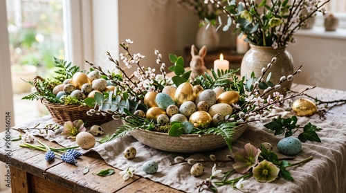 Easter eggs and bunny decoration on a table with flowers and greenery