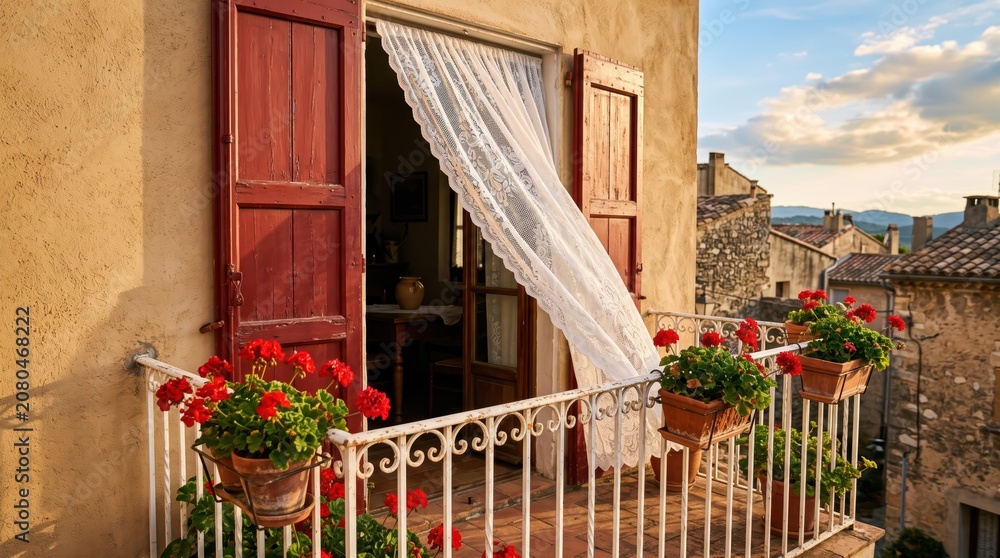 Fototapeta premium Open balcony door with lace curtain blowing over wrought iron railing and potted geraniums, stone village view conveying mediterranean terrace lifestyle, morning light