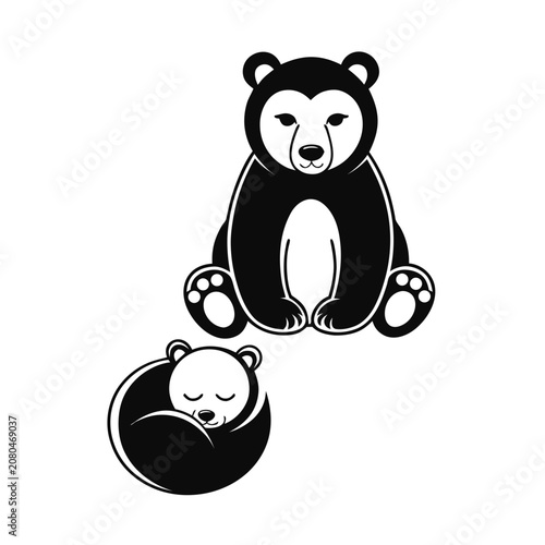 Black and white illustration of a mother bear and baby cub