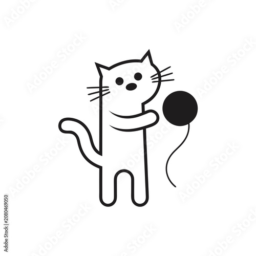 Cute black and white cat playing with a yarn ball icon