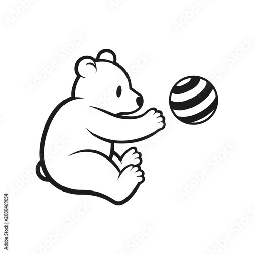 Cute cartoon bear cub playing with a small striped ball