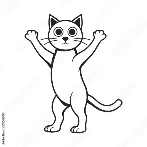 Cute cartoon cat standing with paws up in the air