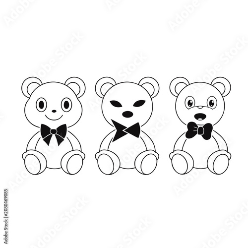 Three cute teddy bears with bow ties outline set