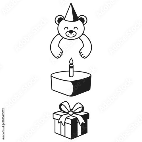Cute bear with birthday cake and gift box icon