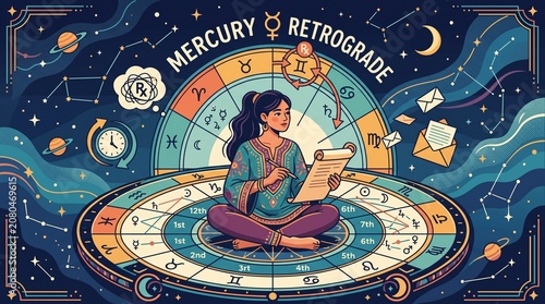 Woman sitting on astrology chart with laptop, Mercury Retrograde concept