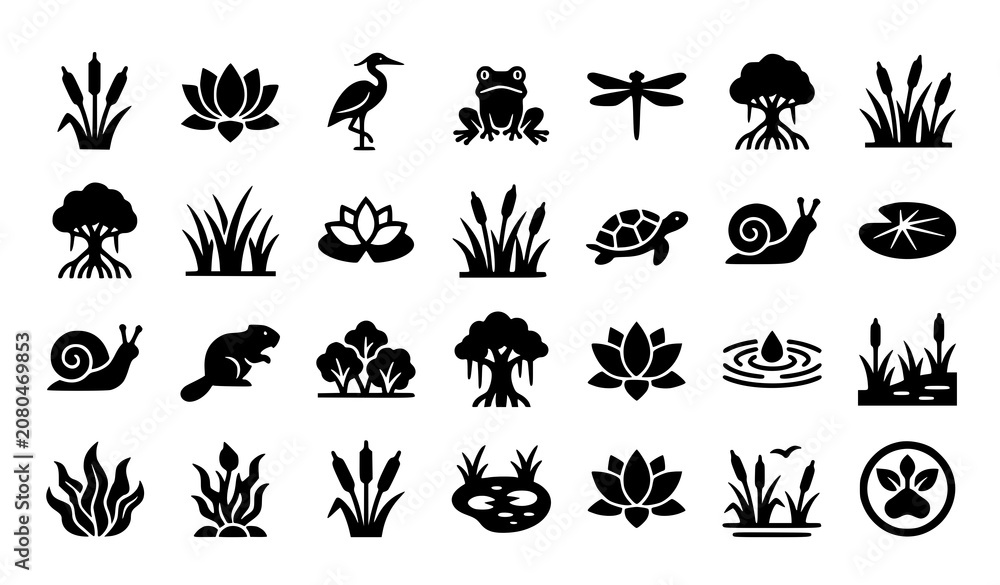 Obraz premium Bold Wetland and Swamp Icon Set with Heron Frog Lotus Mangrove and Marsh Plant Vector Symbols