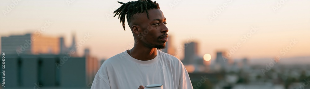 Fototapeta premium Young man drinking coffee on a rooftop at sunset with urban skyline for lifestyle background banner and relaxed morning design