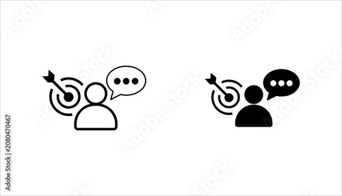 Modern outline icon set. showing a person with a speech bubble and target symbol, representing communication, customer targeting, marketing, goals, and audience engagement.
