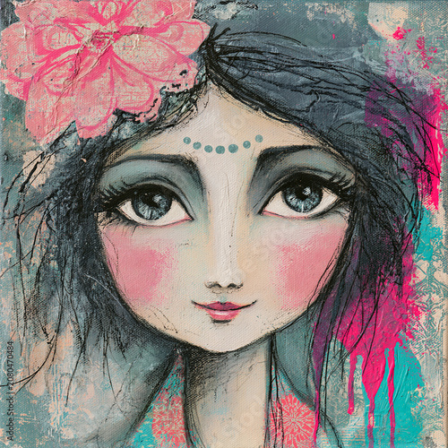 Mixed-media whimsical illustration of a female face with large, stylized, soulful eyes, in the distinctive style of intuitive mixed-media art