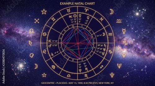 A natal chart with zodiac symbols and lines on a starry night sky background