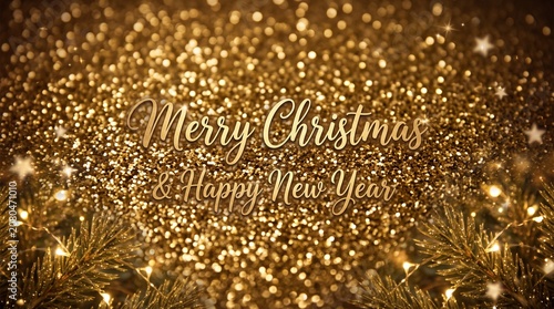 Golden Merry Christmas and Happy New Year festive greeting card with sparkling lights