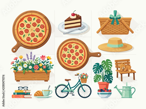 Flat Vector Summer Picnic and Leisure Illustration Set with Food and Plants