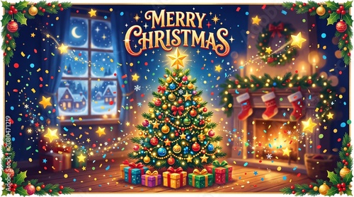 Christmas tree with presents in front of a fireplace at night