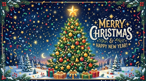 Merry Christmas tree with gifts under starry night sky