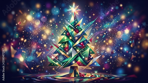 Glowing Christmas Tree with Colorful Lights and Sparkling Background