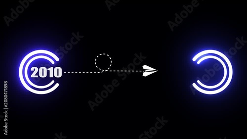 Animated paper plane flying from 2010 to 2011, neon circular portal transition, minimalist motion for time travel, timeline progression, and new year concept on black background