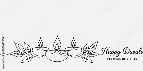 Diwali festival of lights greeting card with diya lamps and leaves