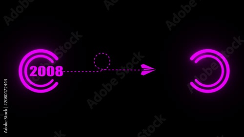 Neon purple paper plane animation transitioning from 2008 to 2009, digital timeline infographic with glowing circular frames and motion path for corporate presentations.