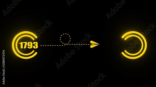 Animated paper airplane flying from 1793 to 2026, conceptual time travel and progress motion minimalist yellow neon infographic on black background.