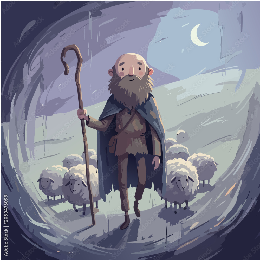Obraz premium Elderly Shepherd with Sheep Flock Under Moonlight – Stylized Digital Illustration