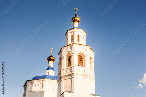 Obraz na plátne Orthodox cathedral church kirk with golden domes and crosses, exterior exterior