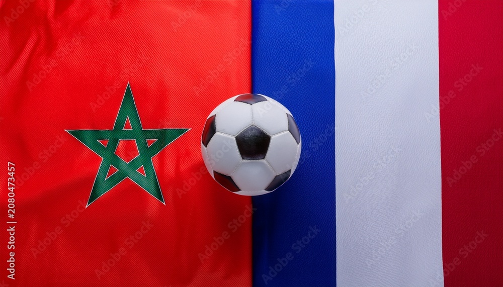 Naklejka premium soccer ball placing between Morocco flag and France flag