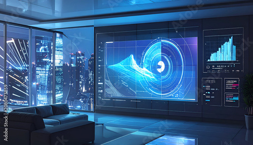 Futuristic office interior overlooking city, large screen displays data, illuminated in blue