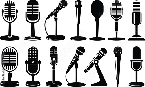 Tableau sur toile Microphone, icon collection in various styles for podcasting broadcasting recording and audio communication, vector illustration