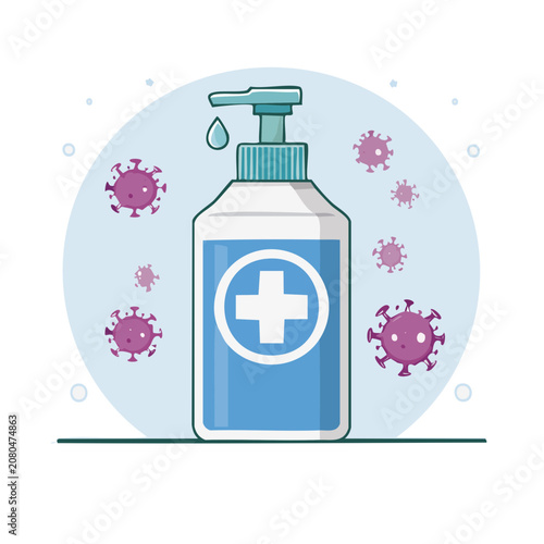 Hand Sanitizer Bottle with Virus and Droplet Illustration