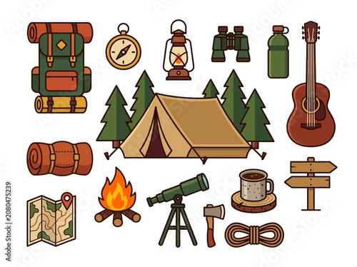 Camping and outdoor adventure vector icon set featuring essential gear for hiking and forest travel.