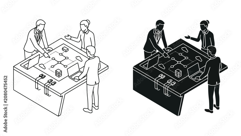 Naklejka premium Business team working at interactive table with laptop and documents, business