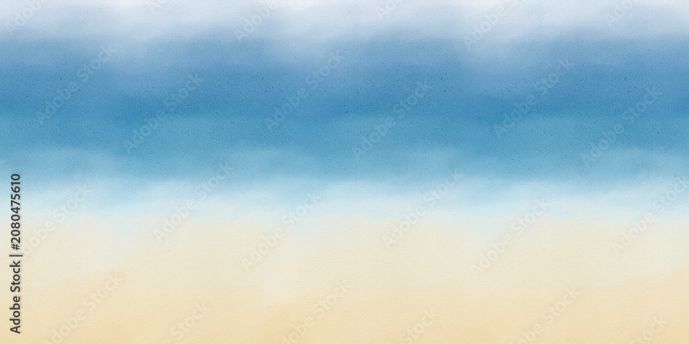Obraz premium Beach seamless border drawn in watercolor style with blue sea and sandy shore, repeating summer design for packaging, textile, wrapping paper, wallpaper and banners.